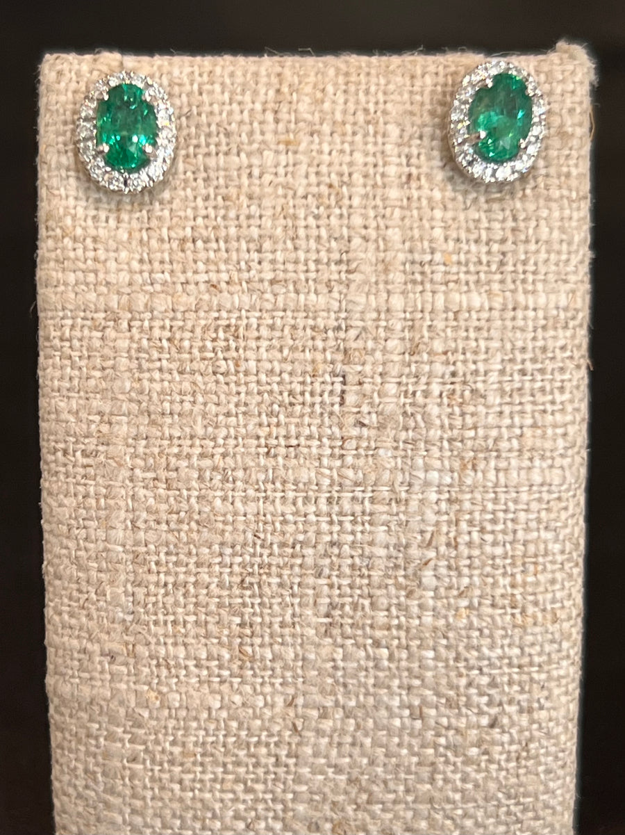 .92CT Emerald Studs with Diamond Halos, 28D=.20CTTW in 14K White Gold