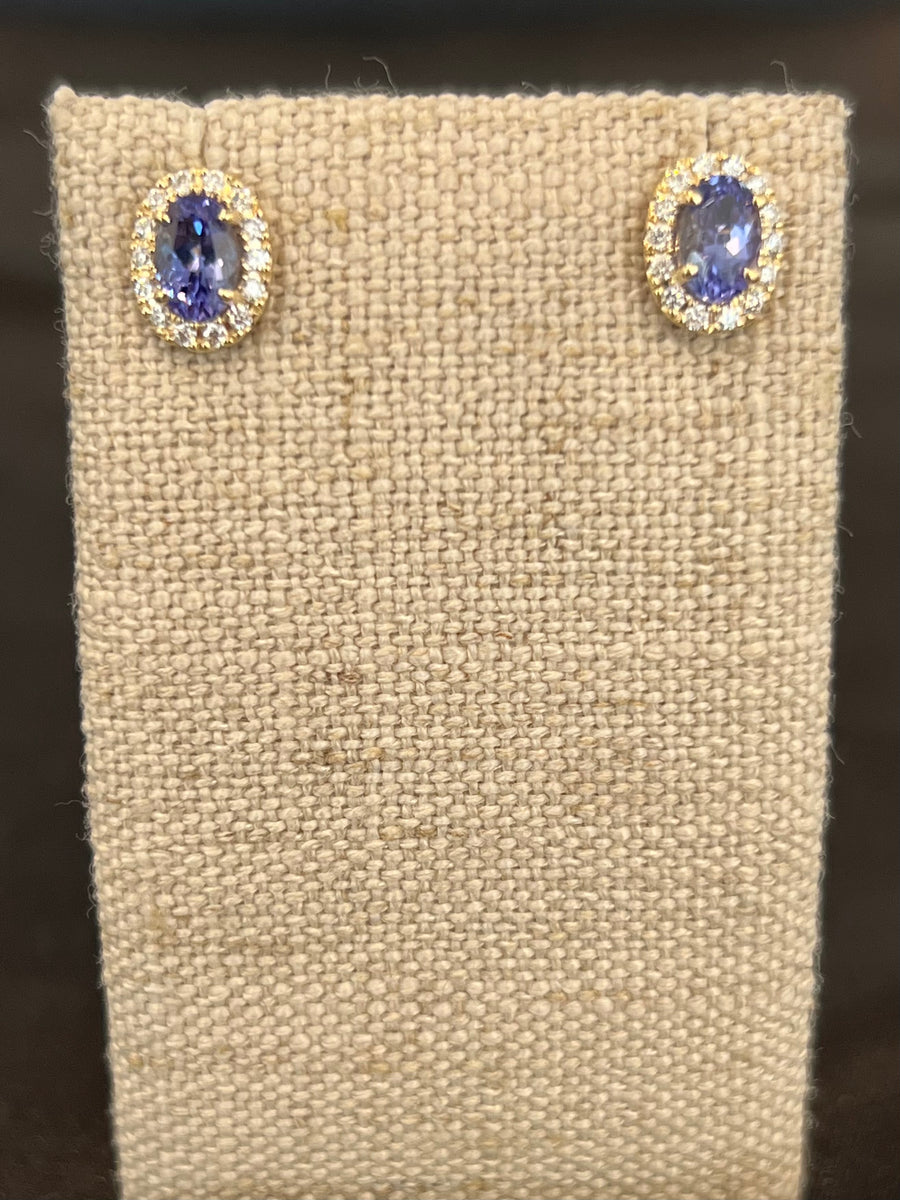 1.10CTTW Tanzanite & Diamond Halo Stud Earrings in 14K Yellow Gold, 28D=.20CTTW
