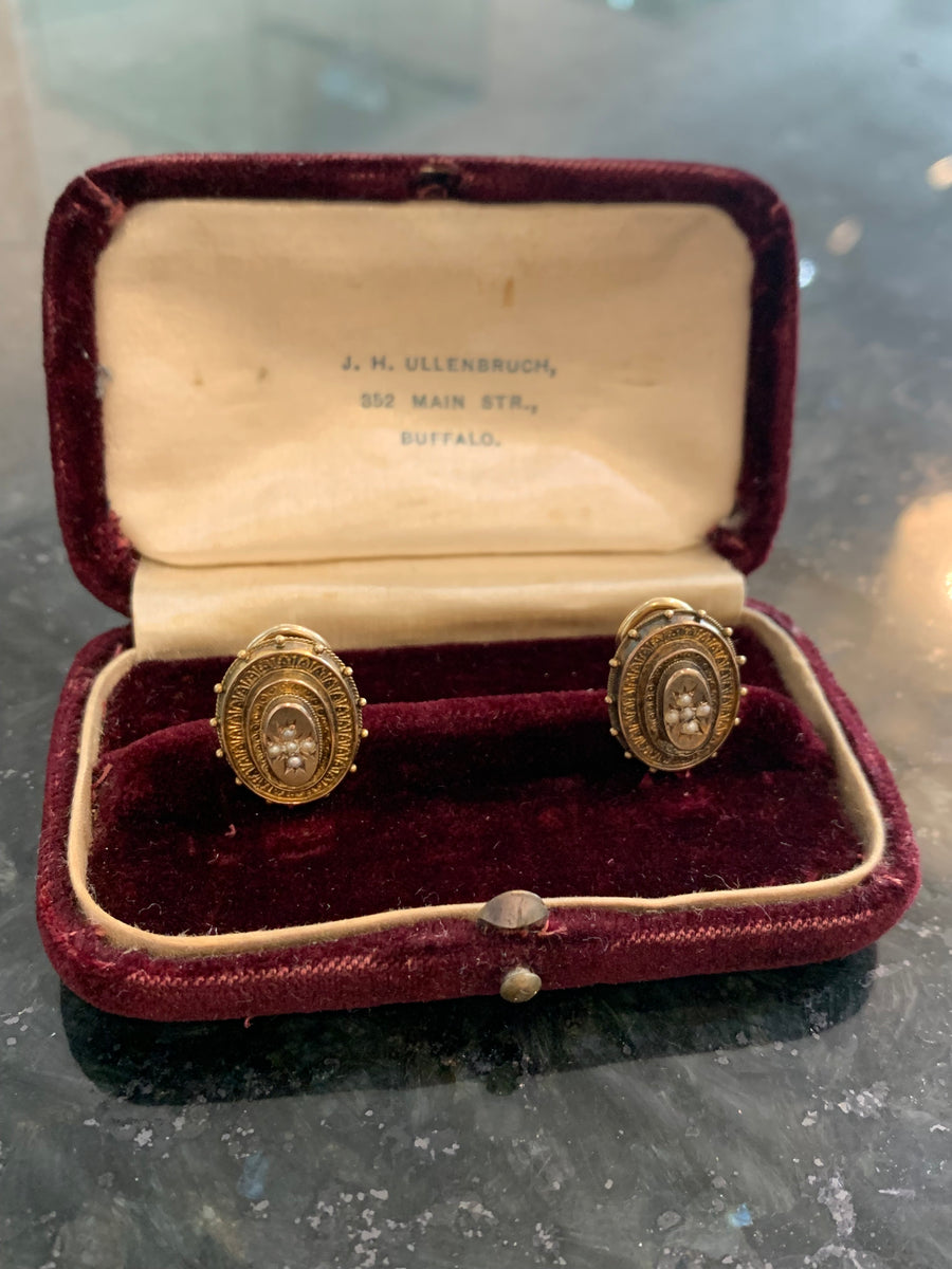 Circa 1890's 15K Gold & Pearl Omega Earrings, Hallmarked!
