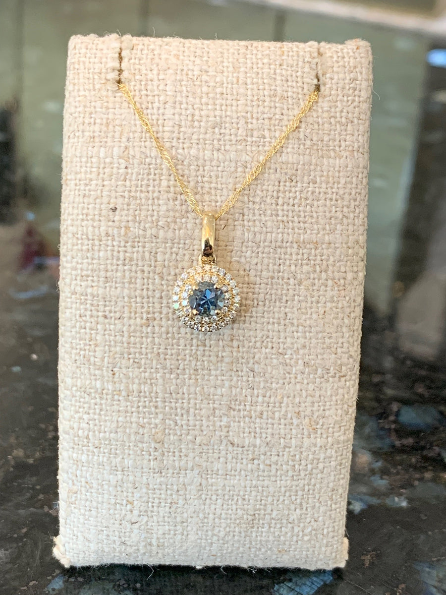 Aquamarine & Double Diamond Halo Necklace in 14K Yellow Gold, A=.29CT,  38D=.10CTTW. 18" Length