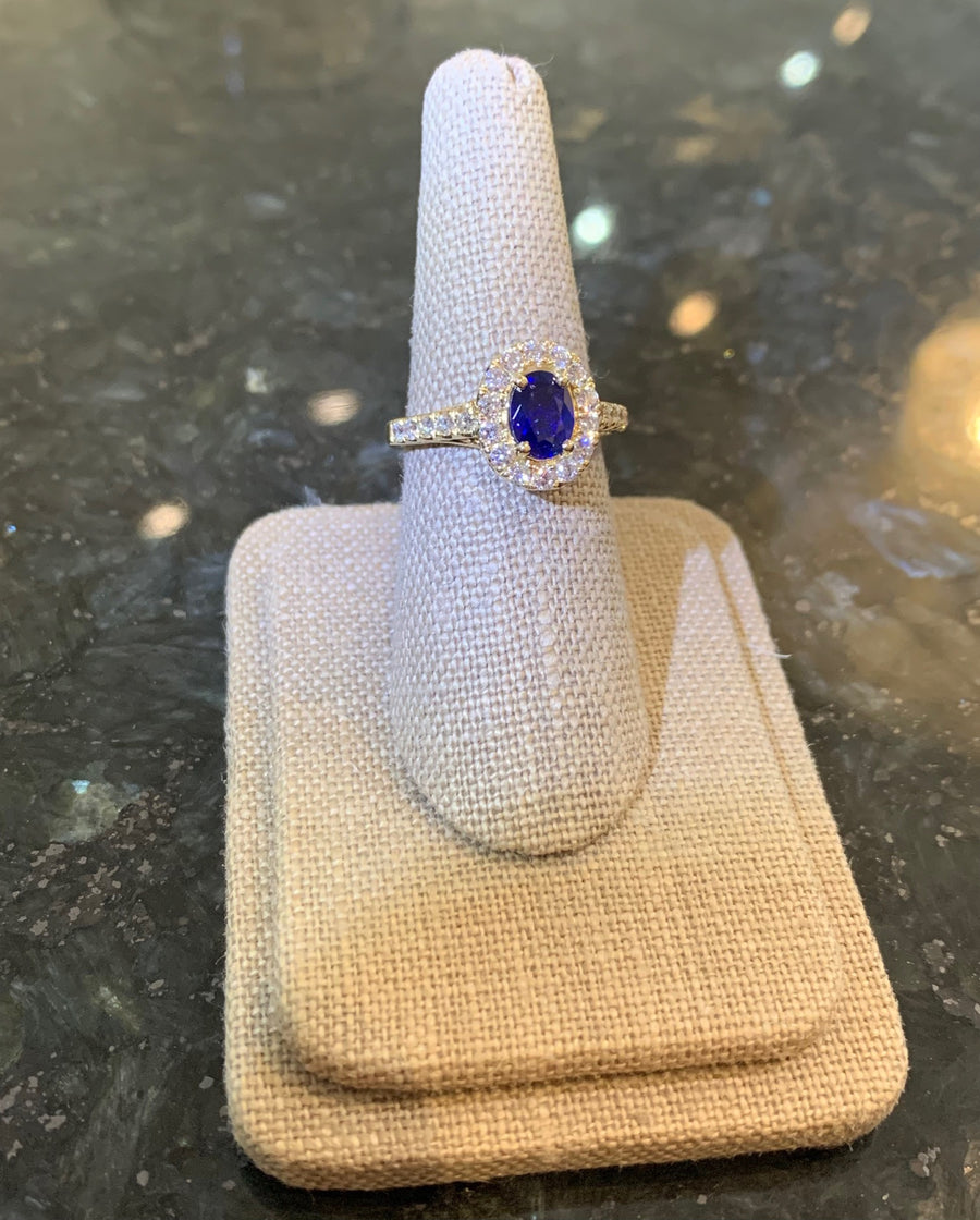 SENSATIONAL Sapphire & Diamond Halo Ring in 18K Yellow Gold, S=.89CT, 26D F-G/VS-SI1 .61CTTW, Finger Size 6.5