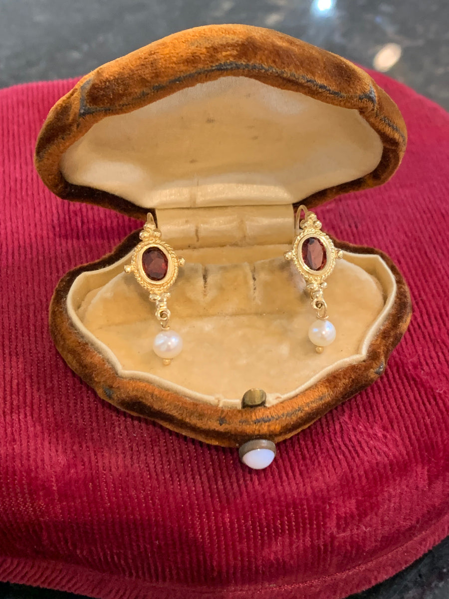 14K Garnet & Pearl Drop Earrings on Leverbacks! Estate Collection