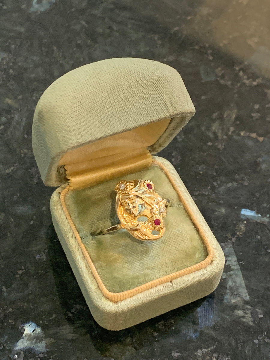 Vintage 14K Art Nouveau Lady Ring w/Diamonds & Rubies, Finger Size 7. D=.03CTTW, R=.03CTTW