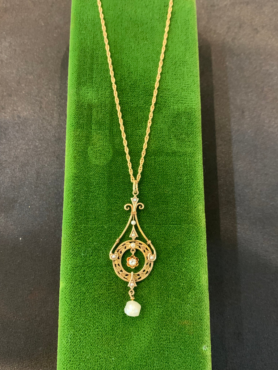 Antique Diamond & Pearl Lavalier Necklace in 14K Yellow Gold, 16" Chain, D=.06CT. Circa 1915