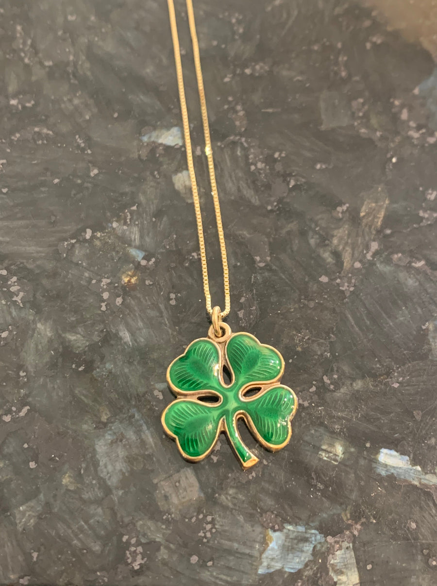 Vintage Wells Sterling Green Enamel Shamrock on  14K Yellow Gold Box Chain, 16"Length Estate Collection