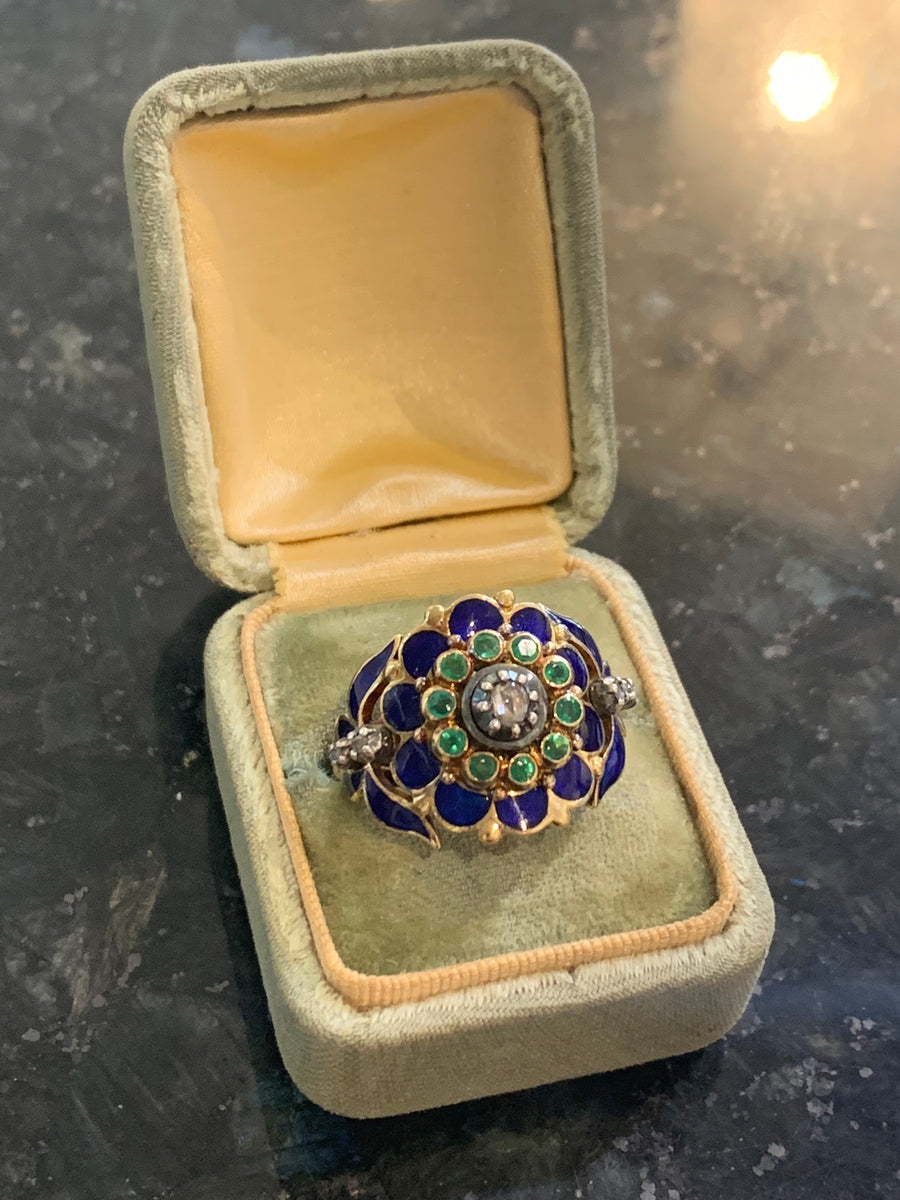 Incredible 18K Antique Rose-Cut Diamond & Emerald Halo Ring with Enamel and Handmade Chain-Style Shank. 6.25. E=.20CTTW, 5D=.13CTTW, Estate Collection