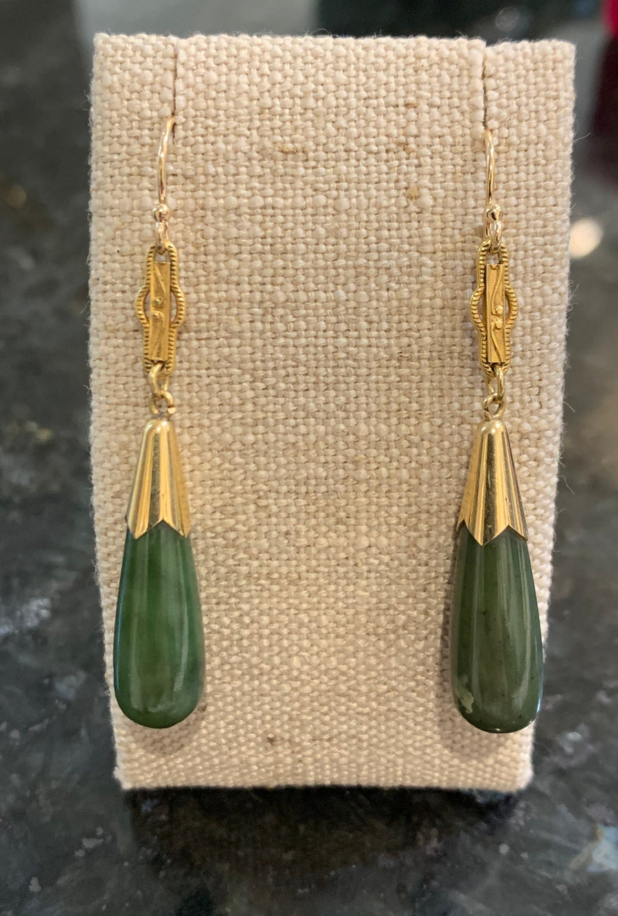 Jade & 14K Yellow Gold Drop Earrings, Modern French Wire 14K Hooks. Estate Collection
